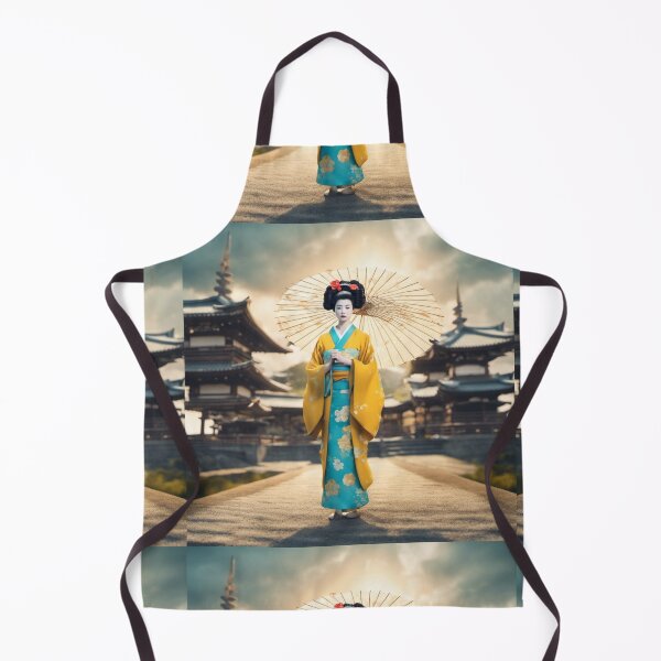 Item preview, Beautiful geisha full body picture, yelllow and sky blue kimono, pagoda, sunrise, sunset designed and sold by Coolparrotgirl.