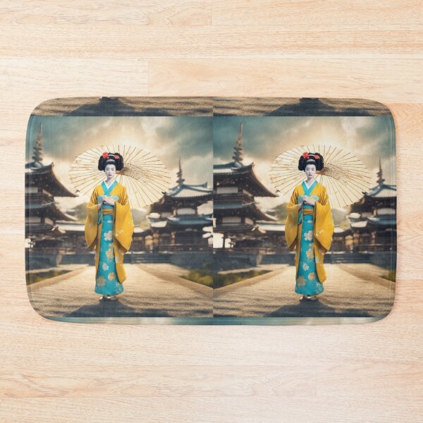 Item preview, Beautiful geisha full body picture, yelllow and sky blue kimono, pagoda, sunrise, sunset designed and sold by Coolparrotgirl.