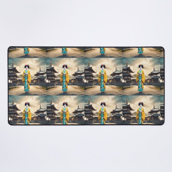 Item preview, Beautiful geisha full body picture, yelllow and sky blue kimono, pagoda, sunrise, sunset designed and sold by Coolparrotgirl.