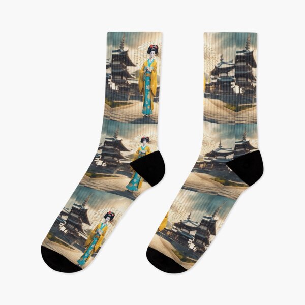 Item preview, Beautiful geisha full body picture, yelllow and sky blue kimono, pagoda, sunrise, sunset designed and sold by Coolparrotgirl.