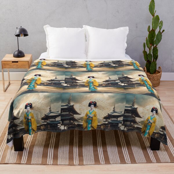 Item preview, Beautiful geisha full body picture, yelllow and sky blue kimono, pagoda, sunrise, sunset designed and sold by Coolparrotgirl.