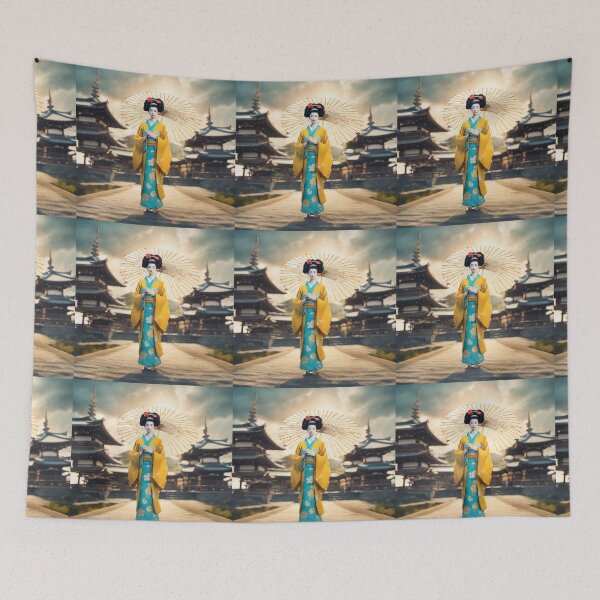 Item preview, Beautiful geisha full body picture, yelllow and sky blue kimono, pagoda, sunrise, sunset designed and sold by Coolparrotgirl.