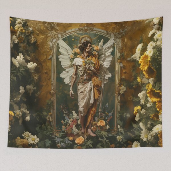 Item preview, Enigmatic Angel with Abyss Key - Floral Surrealism Masterpiece designed and sold by Mystikos Art.