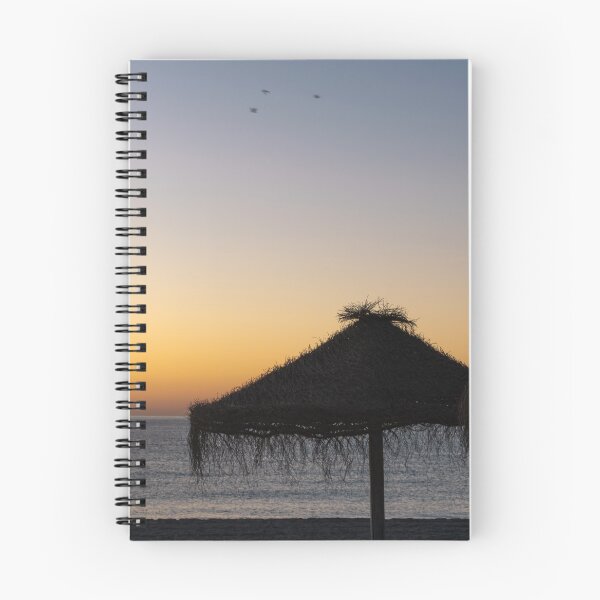 Aperçu de l'œuvre Coucher de soleil sur la plage avec parasols au toit de chaume et mouettes. Nerja, Costa del Sol, Espagne. créée et vendue par TheTwoWorlds.