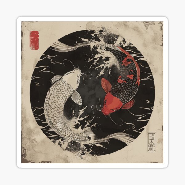 Vista previa del artículo con la obra «Pez koi rojo, blanco y negro yin y yang», diseñado y vendido por molly-josh-art.