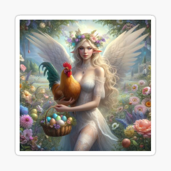 Item preview, beautiful female elf with wings and basket fantasy easter landscape designed and sold by Expressions-Sel.