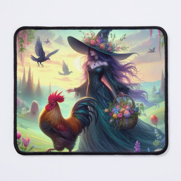 Item preview, rooster and young witch with basket fantasy easter landscape designed and sold by Expressions-Sel.