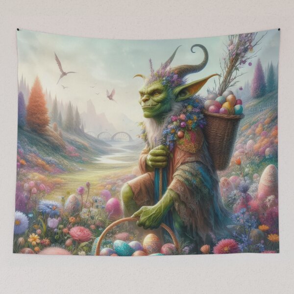 Item preview, green goblin with baskets full of Easter eggs fantasy easter landscape designed and sold by Expressions-Sel.