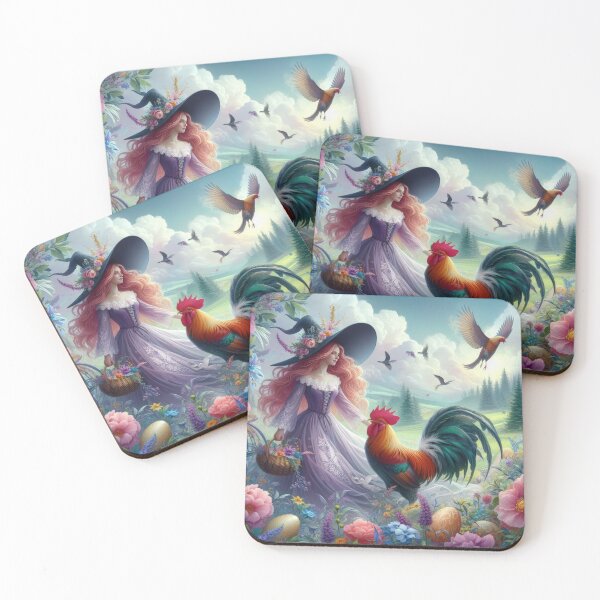 Item preview, beautiful witch in the woods with a basket and rooster fantasy easter landscape designed and sold by Expressions-Sel.