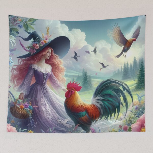Item preview, beautiful witch in the woods with a basket and rooster fantasy easter landscape designed and sold by Expressions-Sel.