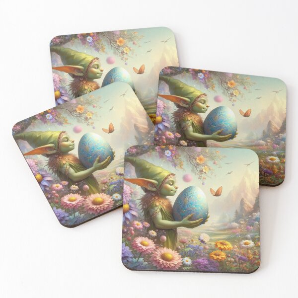 Item preview, green elf with egg fantasy easter landscape designed and sold by Expressions-Sel.