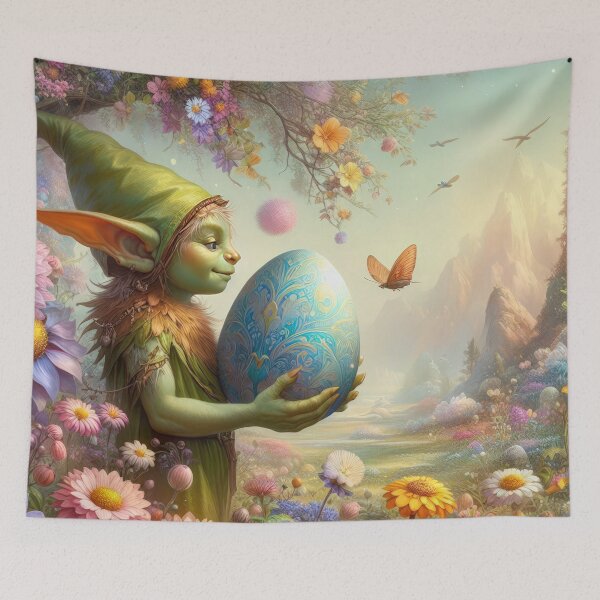 Item preview, green elf with egg fantasy easter landscape designed and sold by Expressions-Sel.