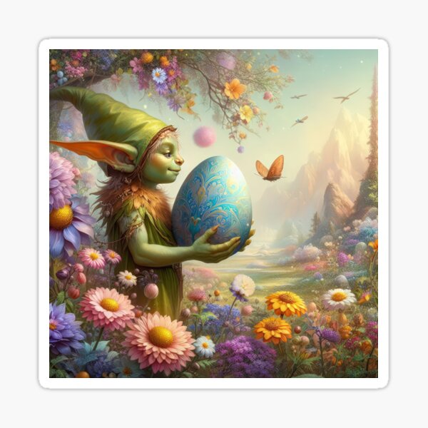 Item preview, green elf with egg fantasy easter landscape designed and sold by Expressions-Sel.