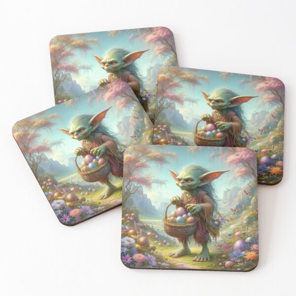 Item preview, Goblin with a basket of Easter eggs in the forest flowers fantasy easter landscape designed and sold by Expressions-Sel.