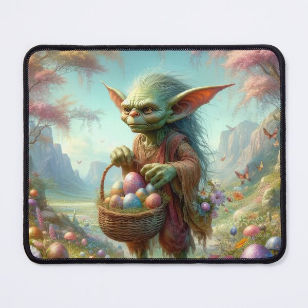 Item preview, Goblin with a basket of Easter eggs in the forest flowers fantasy easter landscape designed and sold by Expressions-Sel.