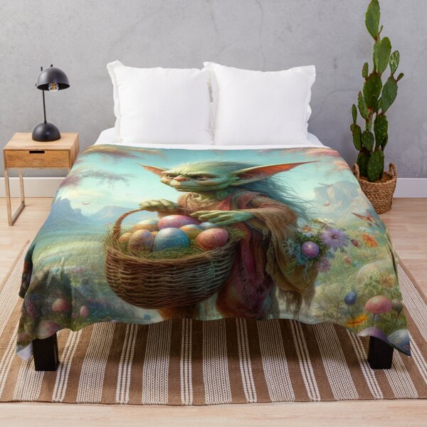 Item preview, Goblin with a basket of Easter eggs in the forest flowers fantasy easter landscape designed and sold by Expressions-Sel.