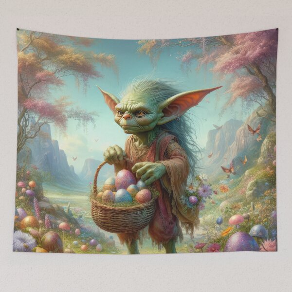Item preview, Goblin with a basket of Easter eggs in the forest flowers fantasy easter landscape designed and sold by Expressions-Sel.