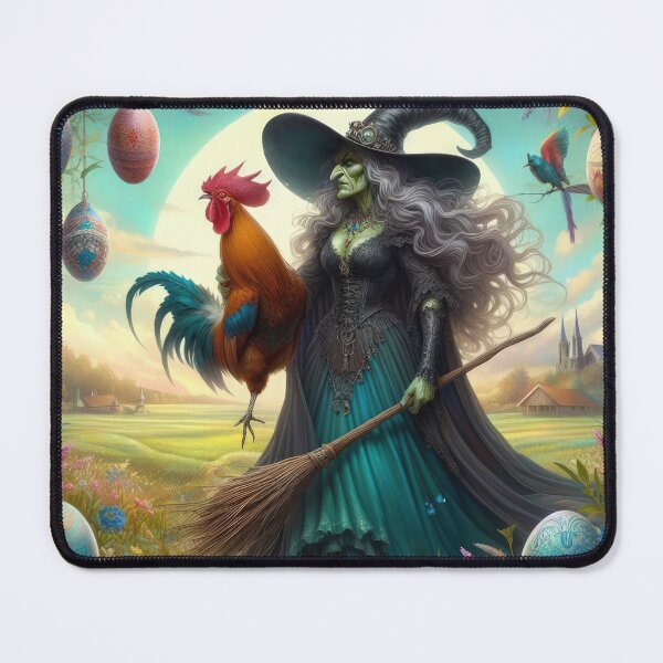 Item preview, ugly witch with a broom with a cock and Easter eggs fantasy easter landscape designed and sold by Expressions-Sel.