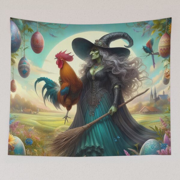 Item preview, ugly witch with a broom with a cock and Easter eggs fantasy easter landscape designed and sold by Expressions-Sel.