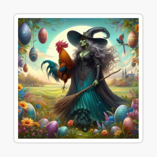 Item preview, ugly witch with a broom with a cock and Easter eggs fantasy easter landscape designed and sold by Expressions-Sel.