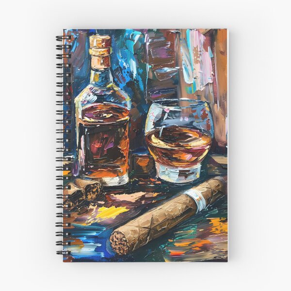Artikelvorschau, Ausdrucksstarke Whisky- und Zigarrenszene - Lebendige Töne und dicke Pinselstriche, gegenübergestellte Komposition, Generative KI entworfen und verkauft von OlfactoART Studio.