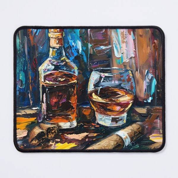 Item preview, Expressive Whiskey and Cigar Scene- Vibrant Tones and Thick Brushstrokes Juxtaposed Composition Generative AI designed and sold by OlfactoART Studio.
