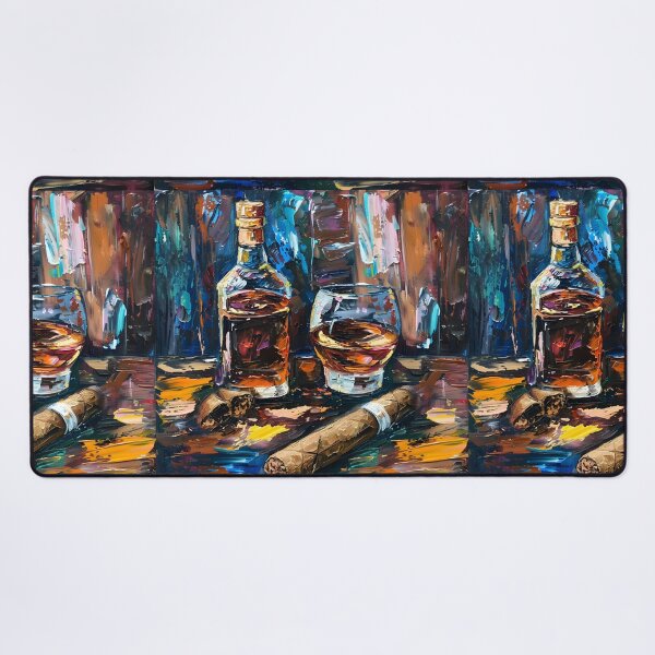 Item preview, Expressive Whiskey and Cigar Scene- Vibrant Tones and Thick Brushstrokes Juxtaposed Composition Generative AI designed and sold by OlfactoART Studio.