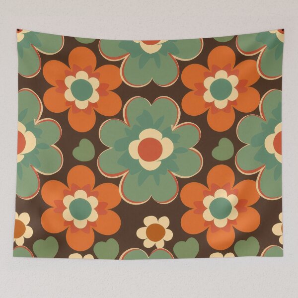 Item preview, Retro 60's 70's style floral pattern print in green, brown orange designed and sold by PrettyPinkSkies.