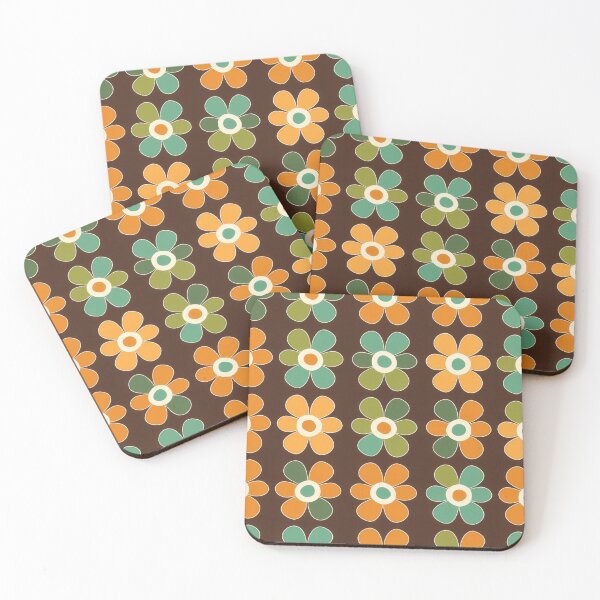 Item preview, Retro 60's 70's style floral pattern print in green, brown  & orange designed and sold by PrettyPinkSkies.