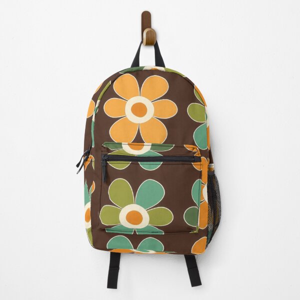 Item preview, Retro 60's 70's style floral pattern print in green, brown & orange designed and sold by PrettyPinkSkies.