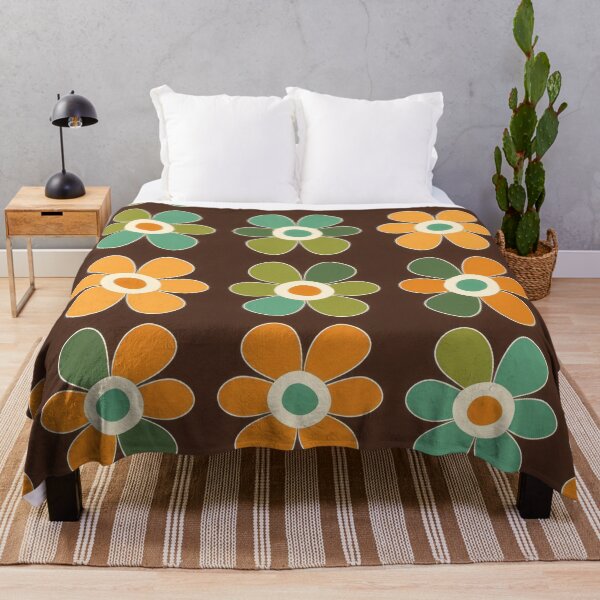 Item preview, Retro 60's 70's style floral pattern print in green, brown  & orange designed and sold by PrettyPinkSkies.
