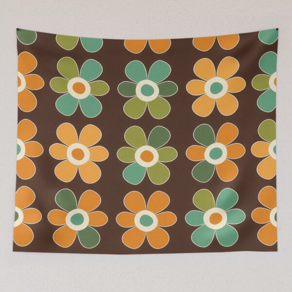 Item preview, Retro 60's 70's style floral pattern print in green, brown  & orange designed and sold by PrettyPinkSkies.