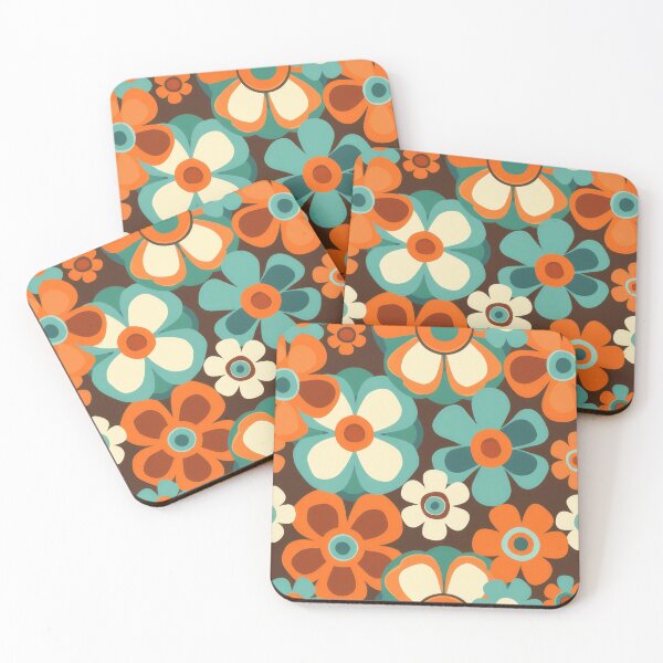 Item preview, Retro 60's 70's style floral pattern print in green, brown & orange designed and sold by PrettyPinkSkies.