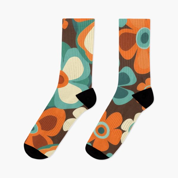 Item preview, Retro 60's 70's style floral pattern print in green, brown & orange designed and sold by PrettyPinkSkies.