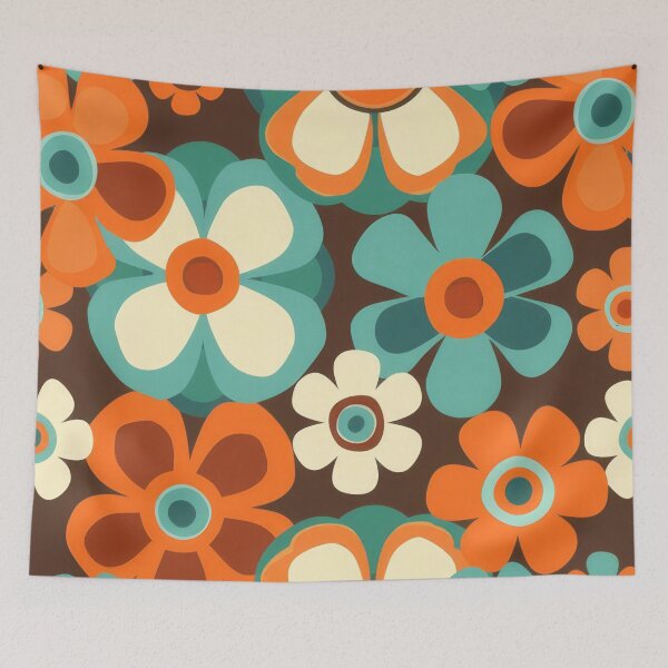 Item preview, Retro 60's 70's style floral pattern print in green, brown & orange designed and sold by PrettyPinkSkies.