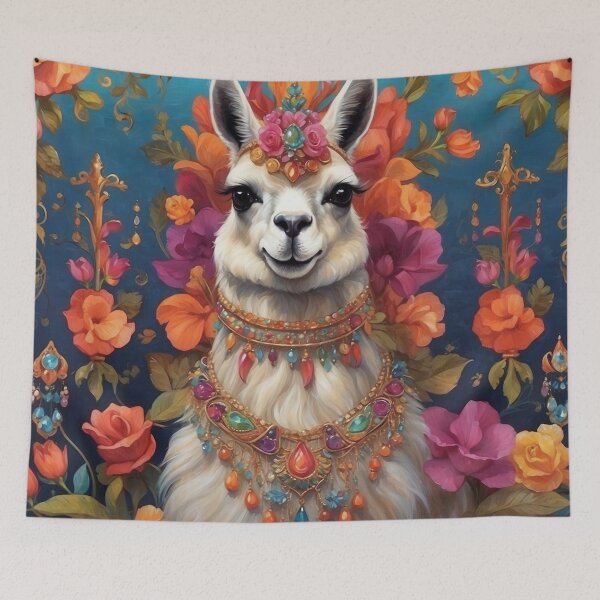Item preview, Beautiful regal llama adorned with colourful jewels with a floral background designed and sold by PrettyPinkSkies.