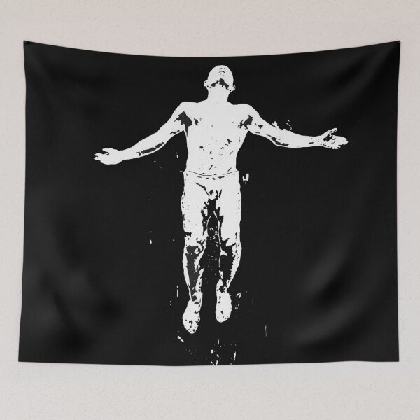 Item preview, Stencil drawing of a genderless body floating in midair in the style of Andy Warhol stencil art on a black background in a simple, minimalistic style designed and sold by HANGLEMAN.