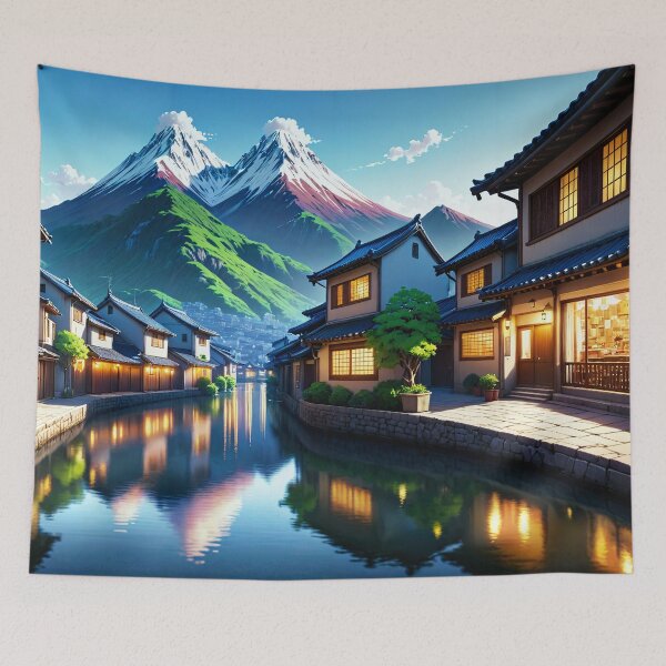 Item preview, Tranquil Japanese Riverside Town designed and sold by Halfbakedpuma.