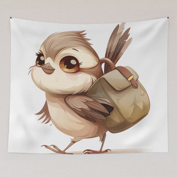 Aperçu de l'œuvre Un mignon personnage de moineau portant un sac et partant à l'aventure. créée et vendue par HANGLEMAN.