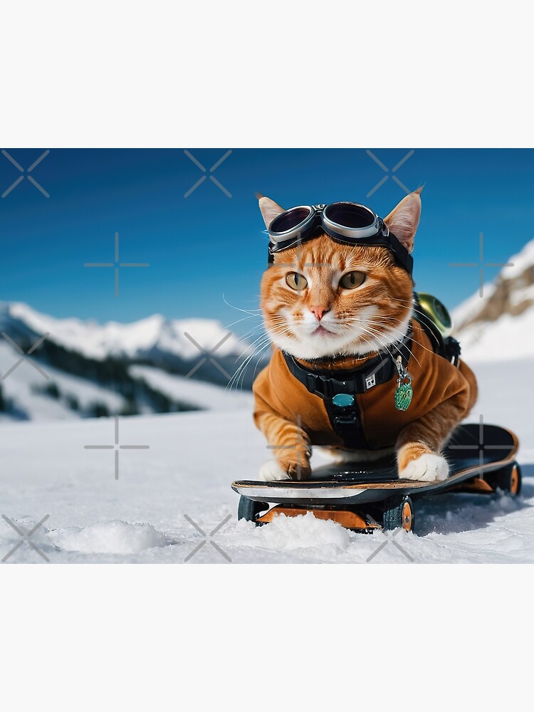 Super Cool Orange Cat on Skateboard in Snow