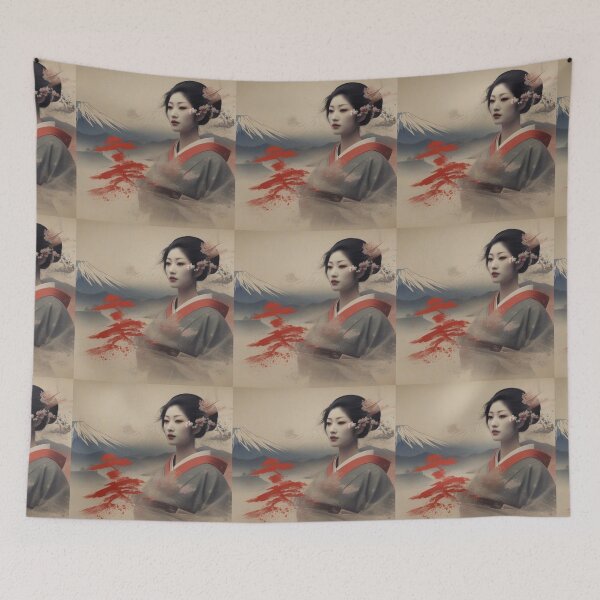 Item preview, Beautiful geisha full body picture, kimono , Fuji mountain vintage dreamy designed and sold by Coolparrotgirl.