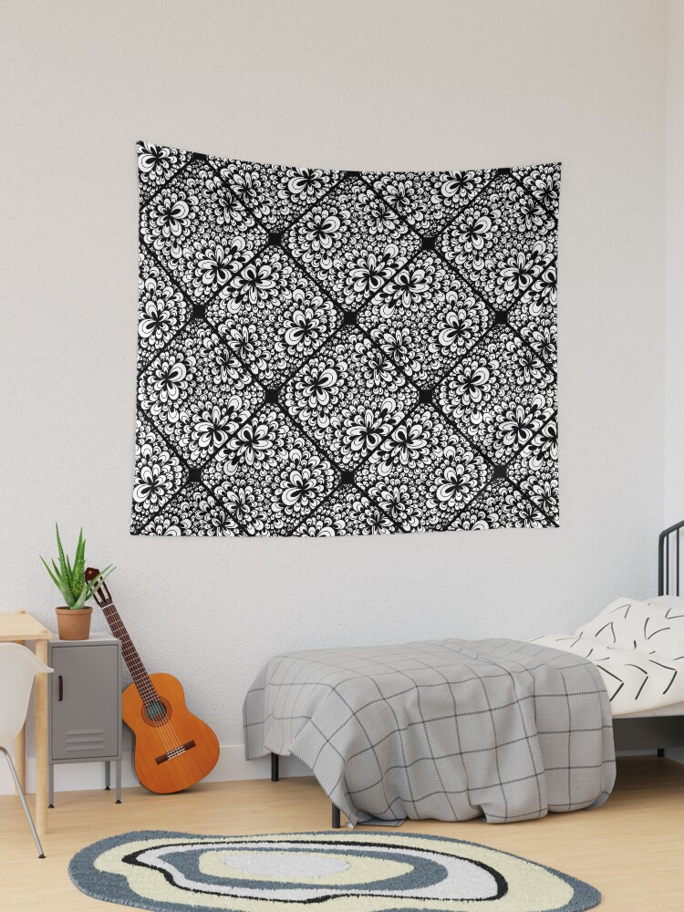 Tapestry, Black and White Blooming Doodle Geo Diamond Tile designed and sold by Triplicate Limited