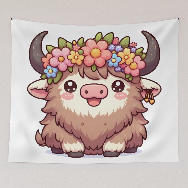Item preview, Kawaii Yak With Flower Crown Smiling designed and sold by CanvasCutie.