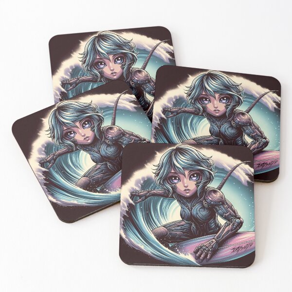 Item preview, cybernetic humanoid riding a surfboard through powerful waves  designed and sold by aminz4.
