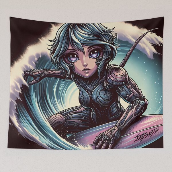 Item preview, cybernetic humanoid riding a surfboard through powerful waves  designed and sold by aminz4.
