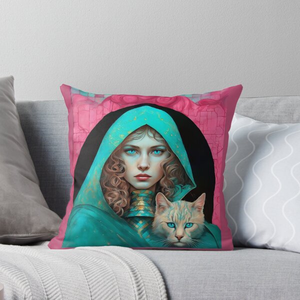 Item preview, A woman in a hooded clok with a cat, on a background with a checkerboard pattern in shades of pink and turquoise. designed and sold by Natalia-Vlad.