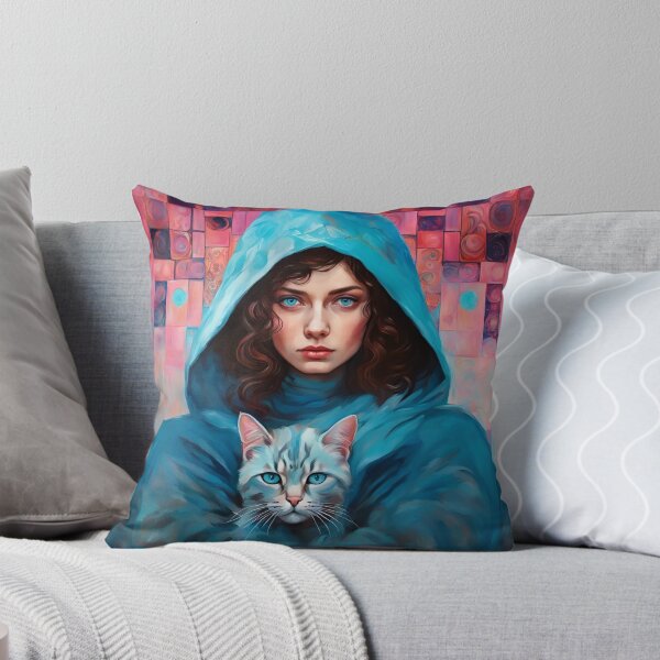 Item preview, A woman in a hooded clok with a cat, on a background with a checkerboard pattern in shades of pink and turquoise. designed and sold by Natalia-Vlad.