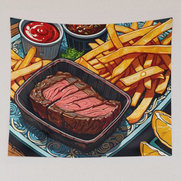 Item preview, Sizzling Steak Delight: Tender Beef Steak with Crispy Chips, Zesty Relish, and Tomato Ketchup designed and sold by GrizzlyCollective.