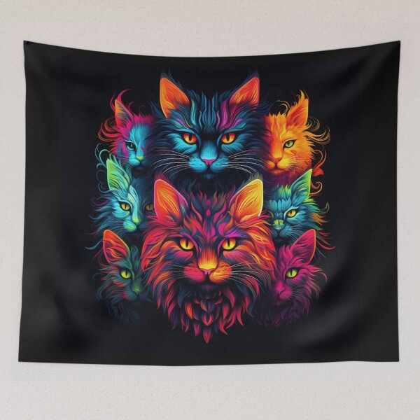 Item preview, Fantasy pattern cats heads neon black orange red blue colorful designed and sold by G-M-Designs.