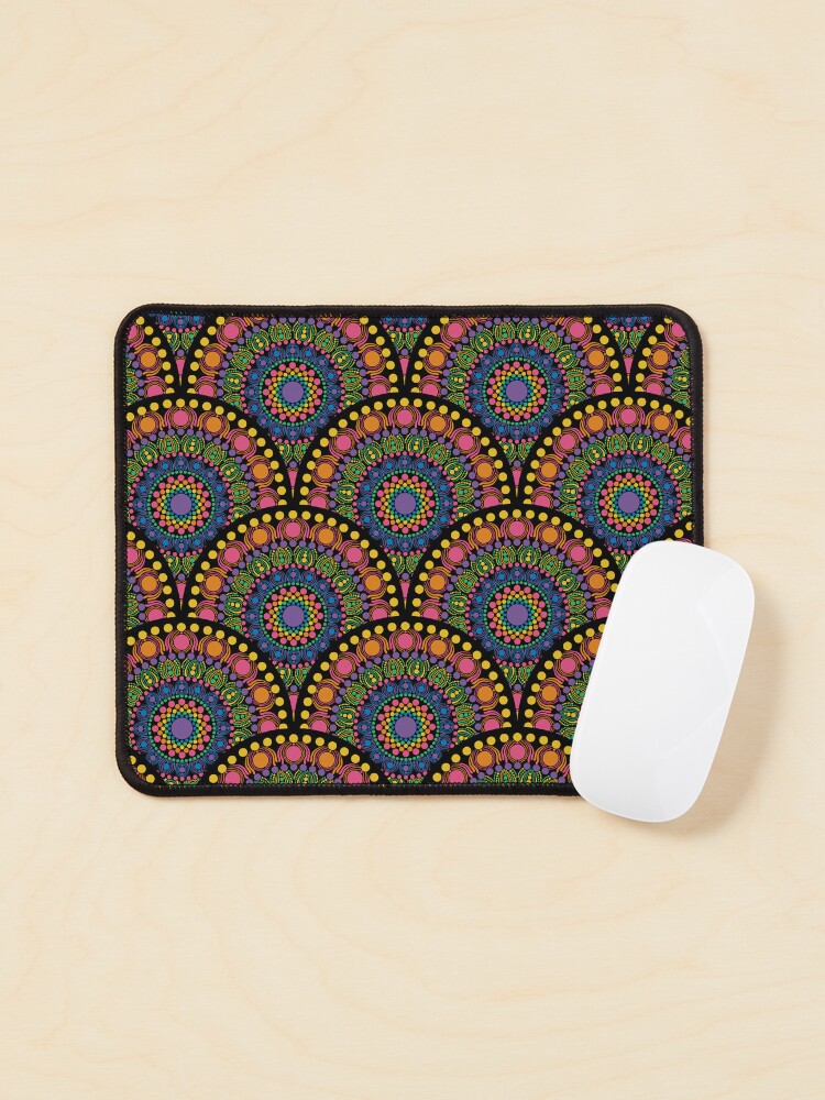 Mouse Pad, Maximalist Rainbow Mardigras Dot Mandala Art Deco Scallop designed and sold by Triplicate Limited